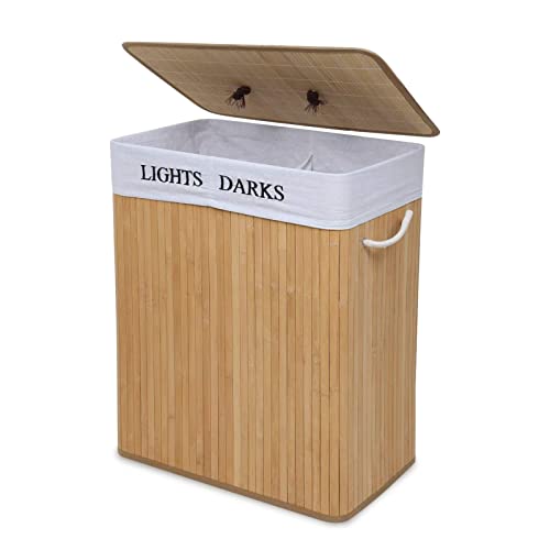 Meerveil Panier à Linge Pliable 2 Compartiments 52 x 32 x 62.5cm Panier a Linge en Bambou 100L Corbeille à Linge et Sac Amovible Lavable Naturelle