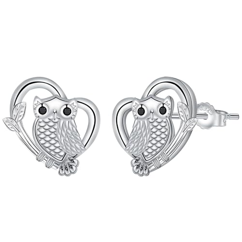Micory Boucles d'oreilles Hibou pour Femme Argent Sterling 925 - Boucles d'oreilles Coeur Animal Mignon, Hypoallergéniques, Cadeaux pour la Fête des Mères...