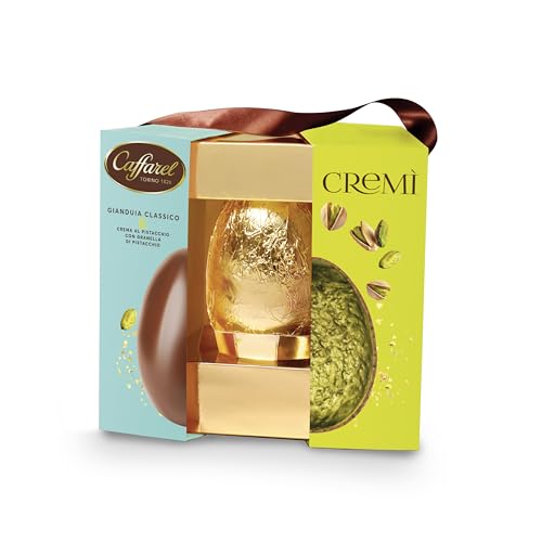Caffarel Cremì uovo adulto doppio strato, cioccolato gianduia classico crema di pistacchio e granela di pistacchio salato, 420g - Immagine 1