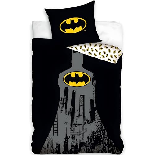 BrandMac Batman Parure de lit Enfant | Housse de Couette 140x200 cm + taie d’Oreiller 50x70 cm, 100% Coton | Parure Douce et Respirante pour Enfants | Design...