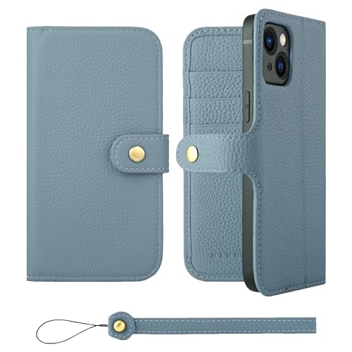 HANATORA iPhone13mini ケース 手帳型 本革 スマホケース スマホ スタンド ストラップ 付き シュリンクカーフレザー ギフト ベルトあり マグネットなし ブルーグレー H0XB-13mini-BlueGray ギフト 誕生日ギフト 女