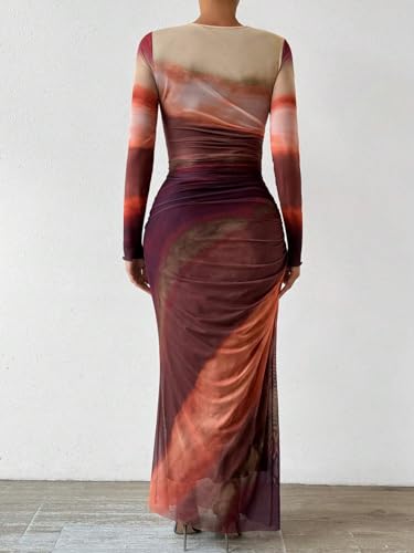 Image of MARZXIN Women Long Sleeve Maxi Dress Bodycon Ruched Formal Slim Fit Tie Dye Dress Formal Mesh Dress