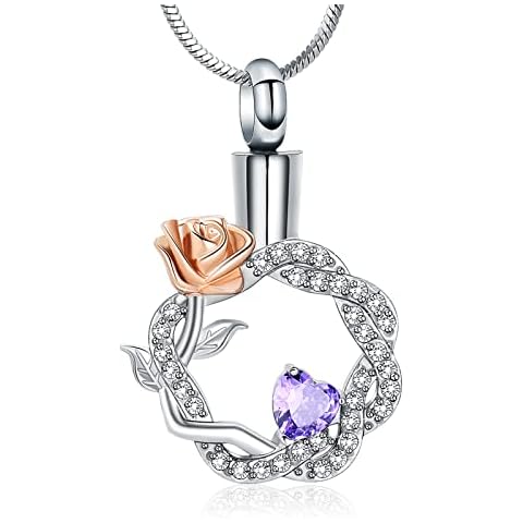 Minicremation Rose Flower Cremation Jewelry for Ashes Heart Crystal Urn Necklace for Human Dog Cat Ashes Keepsake Pendant for Women Girl, Metal, not Cover