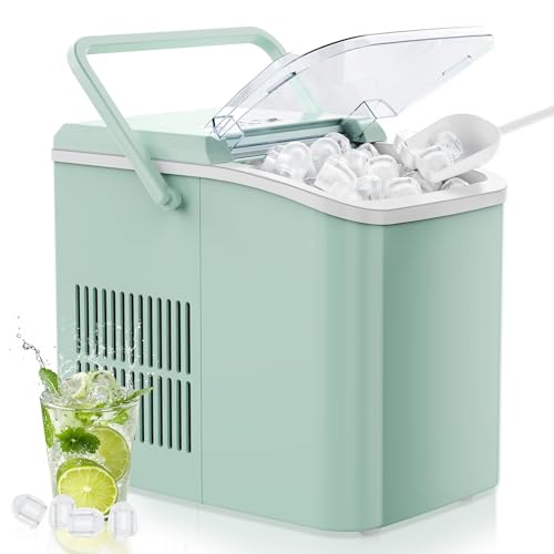 Image of OLIXIS Countertop Ice Maker Machine with Handle, Auto-Cleaning Portable Ice Maker with Basket & Scoop, 26lbs in 24Hrs & 9 Cubes in 6 Mins, 2 Cube Sizes, for Home Party Camping RV, Green