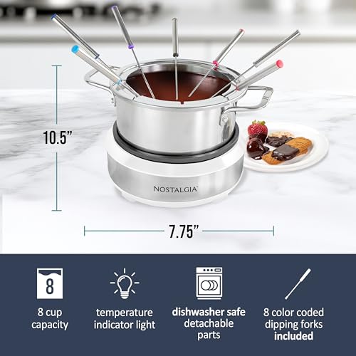 Image of Nostalgia 8-Cup Electric Fondue Pot Set for Cheese & Chocolate - 8 Color-Coded Forks, Temperature Control - Kitchen Gadgets and Appliances for Hors d'Oeuvres and More - White