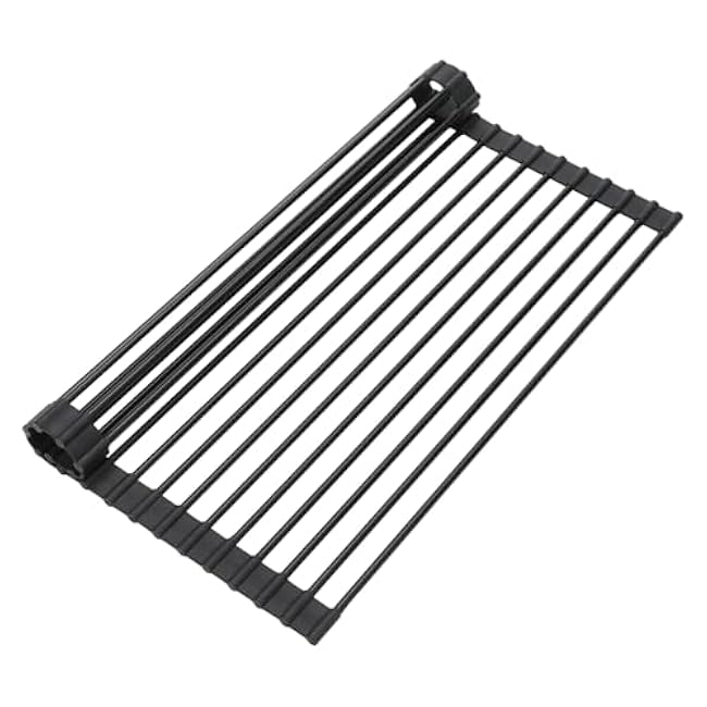 Roll Up Tableware Drying Rack with Silicone Wrapped Around The Sink.Multi Purpose Foldable Sink Drying Mat,Anti Slip Kitchen Tableware Rack (Black, 20.5x 13)