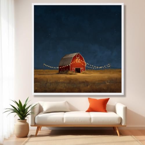 Tableau sur toile de qualité supérieure paysage de grange rouge et étoiles