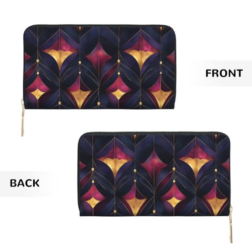 Leather Thin Slim Wallets for Women & Men - Purple and Gold Pattern Print Card Wallet Holder with Zipper 7