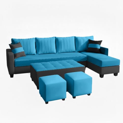 Image of FURNY Avenue 8 Seater Fabric RHS L Shape Sofa Set with 1 Centre Table & 2 Puffy (Aqua Blue-Dark Grey) Premium Velvet Finish