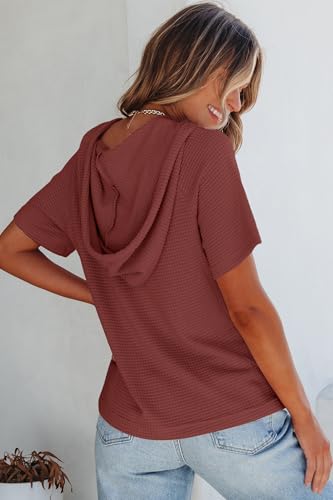 Image of Dokotoo Womens Summer Tops Waffle Knit Short Sleeve Lightweight Drawstring Hoodies Button V Neck Casual Blouses Shirts