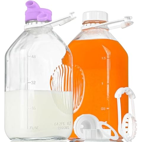 2 Pack 64 Oz Heavy Duty Glass Milk Bottle with Dispenser Cap and Reusable Airtight SCREW LID, 2 Qt Glass Water Bottle with 2 Exact Scale Lines - Glass Milk Jug Pitcher - 1/2 Gal Juice Bottles Cover