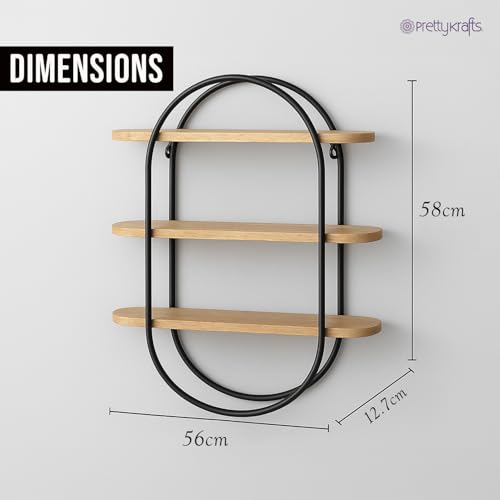 Image of PrettyKrafts 3-Tier Wood and Metal Storage Basket | Shelf Organizer | Multipurpose Storage Basket | Rustic Wooden Wall Storage Rack for Living Room, Bedroom & Kitchen | (55x58x13 cm)