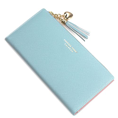 Image of SUMGOGO Wallets for Women Slim Clutch Purse Handbag Card Holder Womens Long Tassel Zipper Pocket Fashion Taiga Leather Billfold Wallet (Blue)