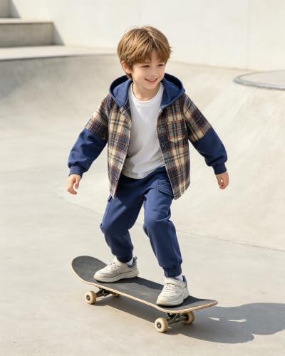 Image of 2Pcs Kids Boys Flannel Plaid Shirt Tops Pants Set Hoodie Sweatsuit for Fall Winter Spring Outfits 4-12 Years