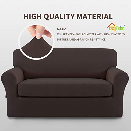 Image of Easy-Going 2 Pieces Stretch Loveseat Couch Sofa Slipcover Washable | Spandex Soft Fitted Sofa Couch Cover for Sofa Furniture Protector with Bottom Kids,Pet Dog Chocolate