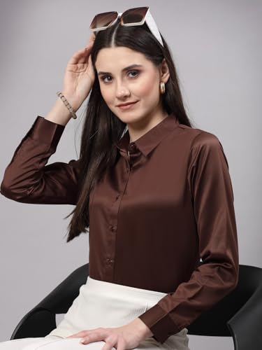 Image of Style Quotient Women Olive Satin Regular Formal Shirt