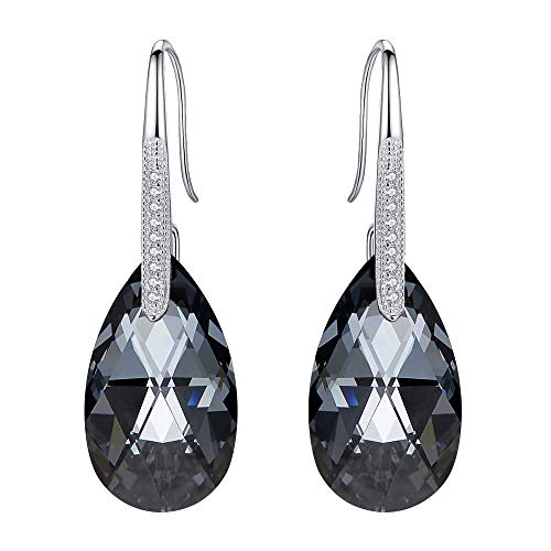 EleQueen 925 Sterling Silver CZ Teardrop Shepherd Hook Dangle Earrings Grey-Black Made with Austrian Crystal for Women,Valentine's Day/Mother's Day/Christmas Jewelry Gift Mom
