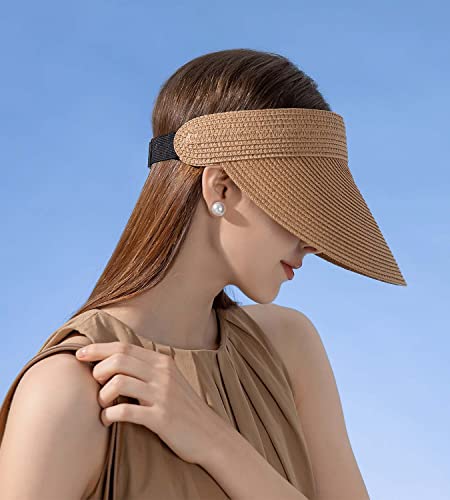 Chapéu feminino de palha com aba grande para mulheres FPS 50+ verão embalável rabo de cavalo chapéus