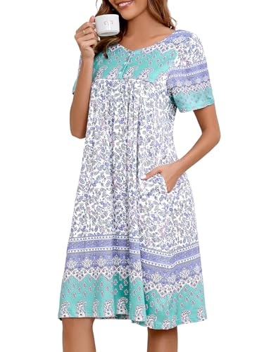 Image of CRIPOM Womens Nightgown Short Sleeve House Dress with Pockets-Floral Print Mumu Dress S-3XL