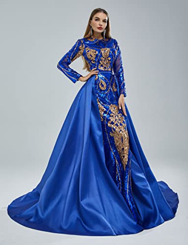 Datangep Women's Royal Blue Long Sleeve Detachable Train Sequins Mermaid Evening Prom Dresses Us12 #TOP1