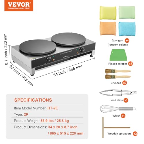 Vevor HT-2E Electric Crepe Maker, 16-Inch Double Head Commercial Crepe Machine, 3400W Flat Plate Crepe Griddle, Nonstick Stainless Steel Pancake Making thumb #6