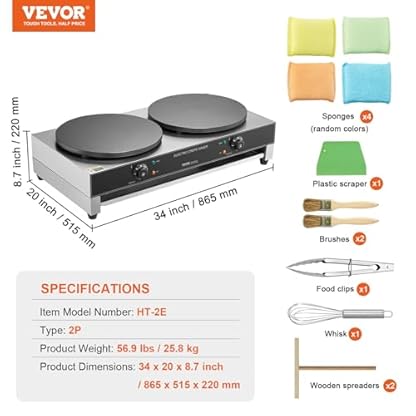 VEVOR elektrischer Crepemaker Crepe-Maschine mit Doppelkopf 3400 W flache Crepe-Grillplatte, antihaftbeschichteter fannkuchenherd aus Edelstahl, runder Cerealien-Pfannkuchenherd, Temperaturregelung – Bild 8