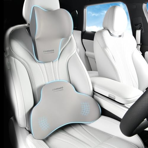 Image of Coverado Lumbar Support and Headrest Pillow for Car, Memory Foam Ergonomic Head Neck Support Pillow for Driving Seat, Back Support and Pain Relief, Seat Cushion for Car, Driver, Office