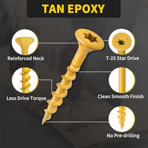 Image of Wood Screws 1-1 /4 Inch, FIXLINK Deck Screws #8 x 1-1 /4 inch, 150 PCS, Epoxy Coated, T25 Star Bit Above 1500 Hour Salt Spray Coating Outdoor Decking Screws Excellent Rust Resistant for Wood Fence, Tan
