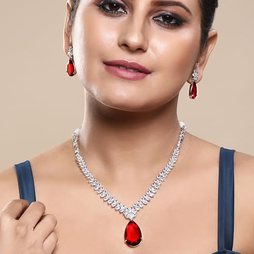 Image of ASMITTA Jewellery American Diamond Necklace Set Rhodium Plated Choker Necklace with Earrings for Weddings, Parties & Festivals