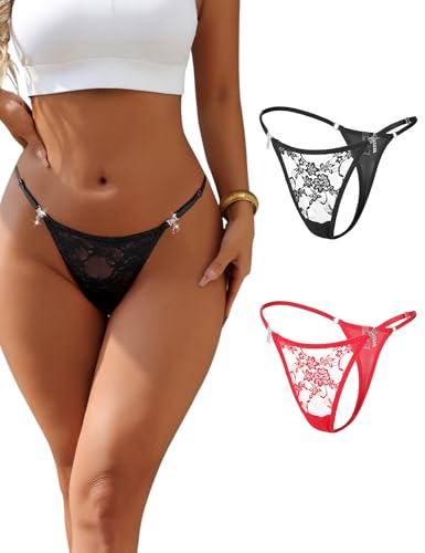 ohmydear Tanga de Encaje para Mujer Bragas Sexy Cintura Baja con Diamantes Ropa Interior Erótica T-Back Tanga Hilo Talla Grandes Tangas Mujer Pack Cinturón es Ajustable