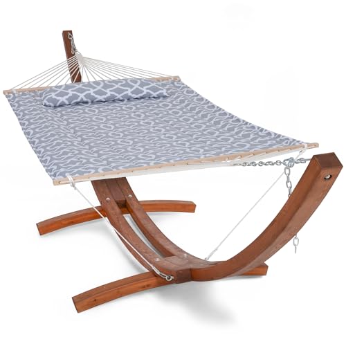 Image of SUNCREAT 2 Person Hammocks for Outside with Stand, Extra Large Double Hammock with Wooden Stand, Gray