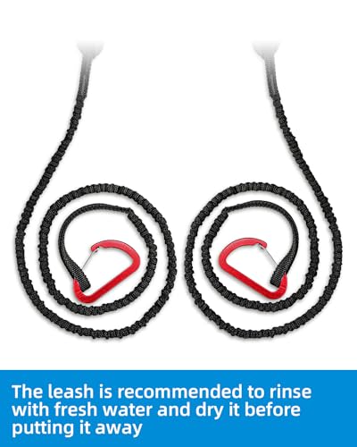 Image of OCEANBROAD Kayak Paddle Leash with D-Ring Stretchable Bungee Strap Lanyard Rope for SUP Kayaking Boating Canoeing Fishing Pole Rod 4-7 Feet Black 2 Pack