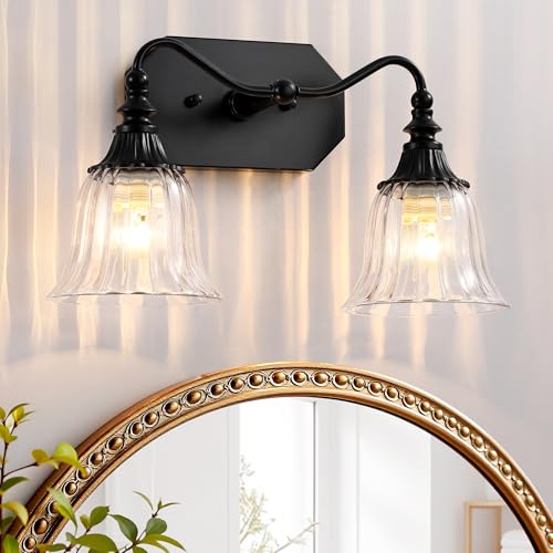 Image of LmnLvn 2-Light Bathroom Vanity Light, Matte Black with Crystal Glass Shade