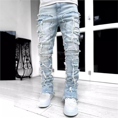 Mens Straight Leg Denim Jeans Novelty Patchwork Design Distressed Fuzzy Edge Patch Pants Casual Streetwear3