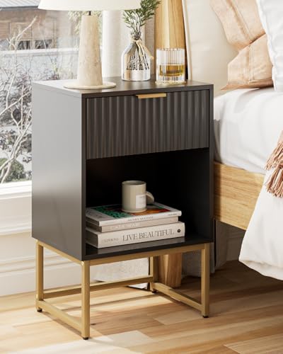 Image of Masupu Fluted Nightstand,Modern Night Stand Wood Bedside Table with Storage Drawer Side End Table for Bedroom,Office,Black