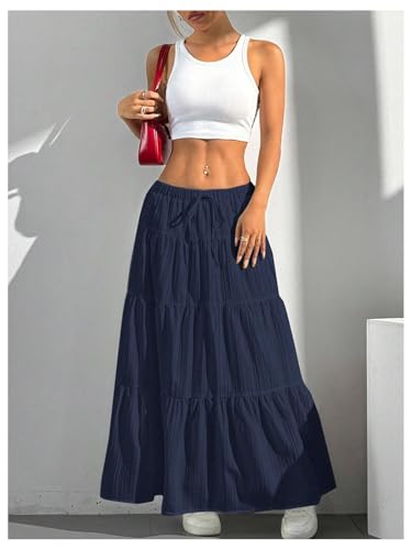 Image of Verdusa Women's Long Maxi Skirt Boho Flowy Flared Ruffle Skirts 2026 Beach Vacation Summer Going Out Outfits