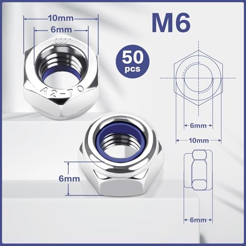 M6 Muttern Edelstahl A2 V2A Selbstsichernde Muttern,50 Stück DIN985 Sicherungsmuttern Sechskantmuttern Sechskantmutter Niro Stoppmuttern Selbstsichernde Kontermuttern Set
