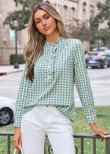 Halife Womens Loose Puff Sleeve Tops Ruffle Collared Vneck Gingham Shirt - image 2