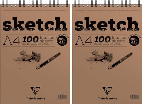 Clairefontaine 96604C Bloc Spiralé en-tête Papier Sketch - 100 Feuilles Papier Dessin Blanc au Grain Très Léger - Feuilles Détachables - A4 21x29,7 cm 90g (Lot de 2)