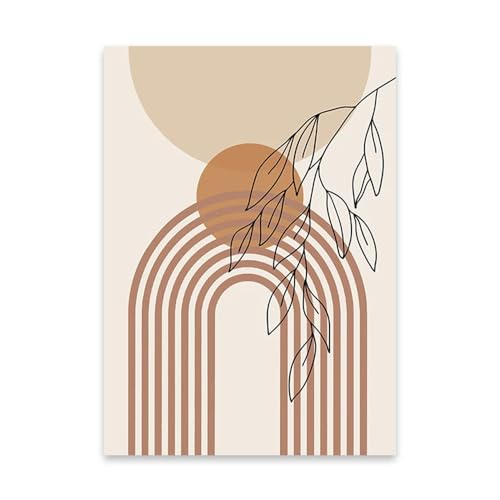 Póster abstracto de hojas beige estilo nórdico con sol para decoración 2