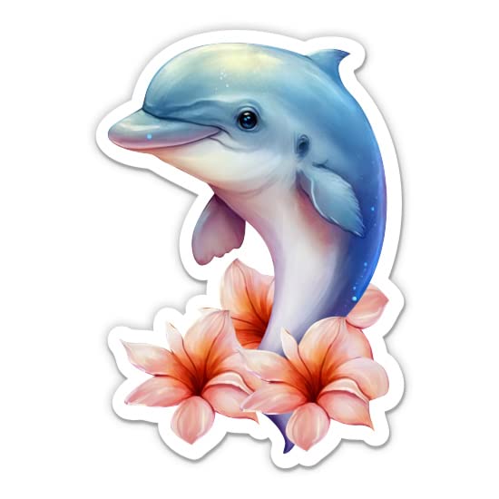 Dolphin Sticker - 3" Laptop Sticker - Waterproof Vinyl for Car, Phone, Water Bottle - Pretty Dolphin with Flowers Decal