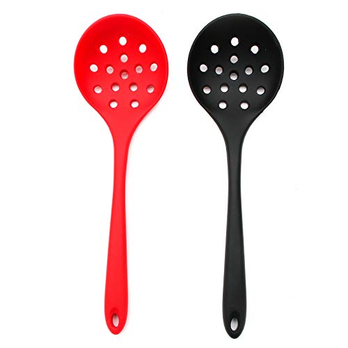 WSSROGY 2 Pieces Silicone Slotted Spoon Straining Ladle Plastic Skimmer Slotted Spoon Perforated Serving SpoonRed and Black