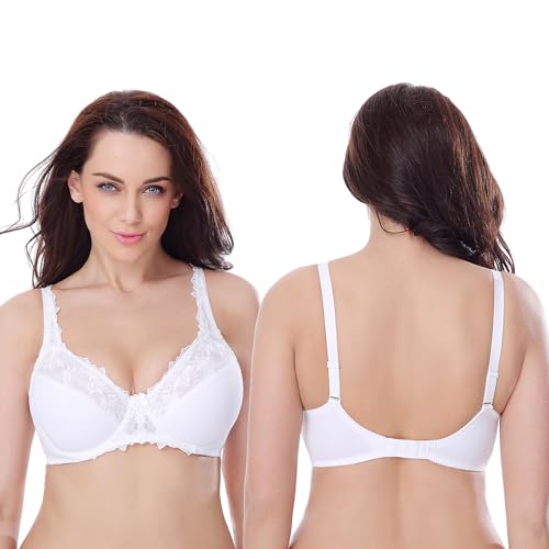 Image of Curve Muse Plus Size Minimizer Underwire Unlined Bra with Embroidery Lace-3Pack-Navy,White,Gray-40DDDD