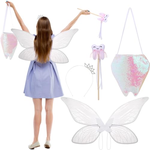 Skicuff 4 Pcs Tooth Halloween Fairy Costume Set Include Butterfly Wings Sparkling Fairy Bag Fairy Magic Wand and Crowns for Halloween Cosplay Party