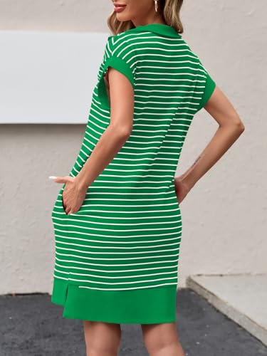 Image of Wenrine Womens Striped Mini Dress Casual Zipper Cap Sleeve Collared V Neck Loose Knit Summer Dresses