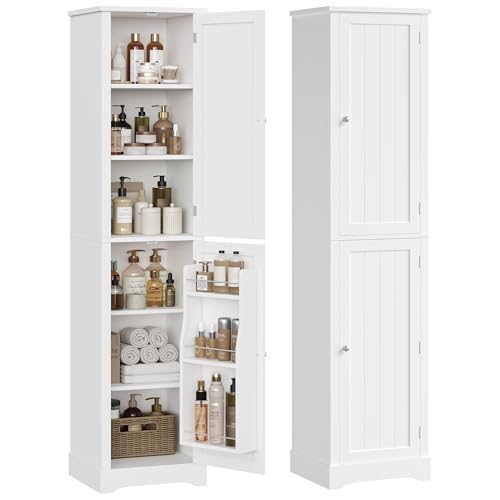 FOREHILL 180cm hoch Badezimmerschrank, Badschrank, schmaler Hochschrank mit Türregalen und 2 Türen, verstellbare Ablagen, 40x30x180cm, Weiß