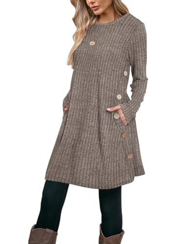 Poetsky Long Sleeve Sweater Dress For Women Tunic Tops Ribbed Dresses Brown