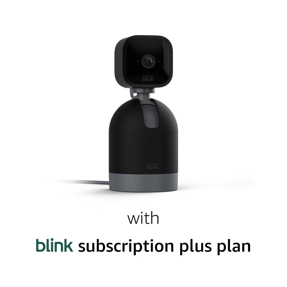 Blink Mini Pan-Tilt camera in black, connected to a power cable, with 'blink subscription plus plan' text below.
