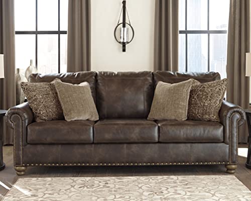 Signature Design By Ashley Nicorvo Traditional Faux Leather Sofa With Gold Nailhead Trim, Brown #TOP1
