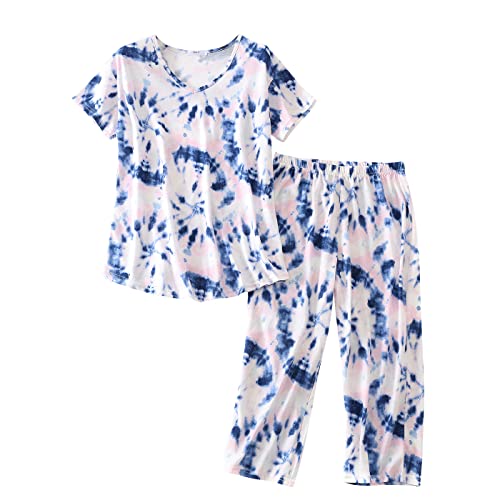 PNAEONG Women Pajama Set Sleepwear Tops with Capri Pants Casual and Fun Prints Pajama Sets, Pink Blue, X-Large